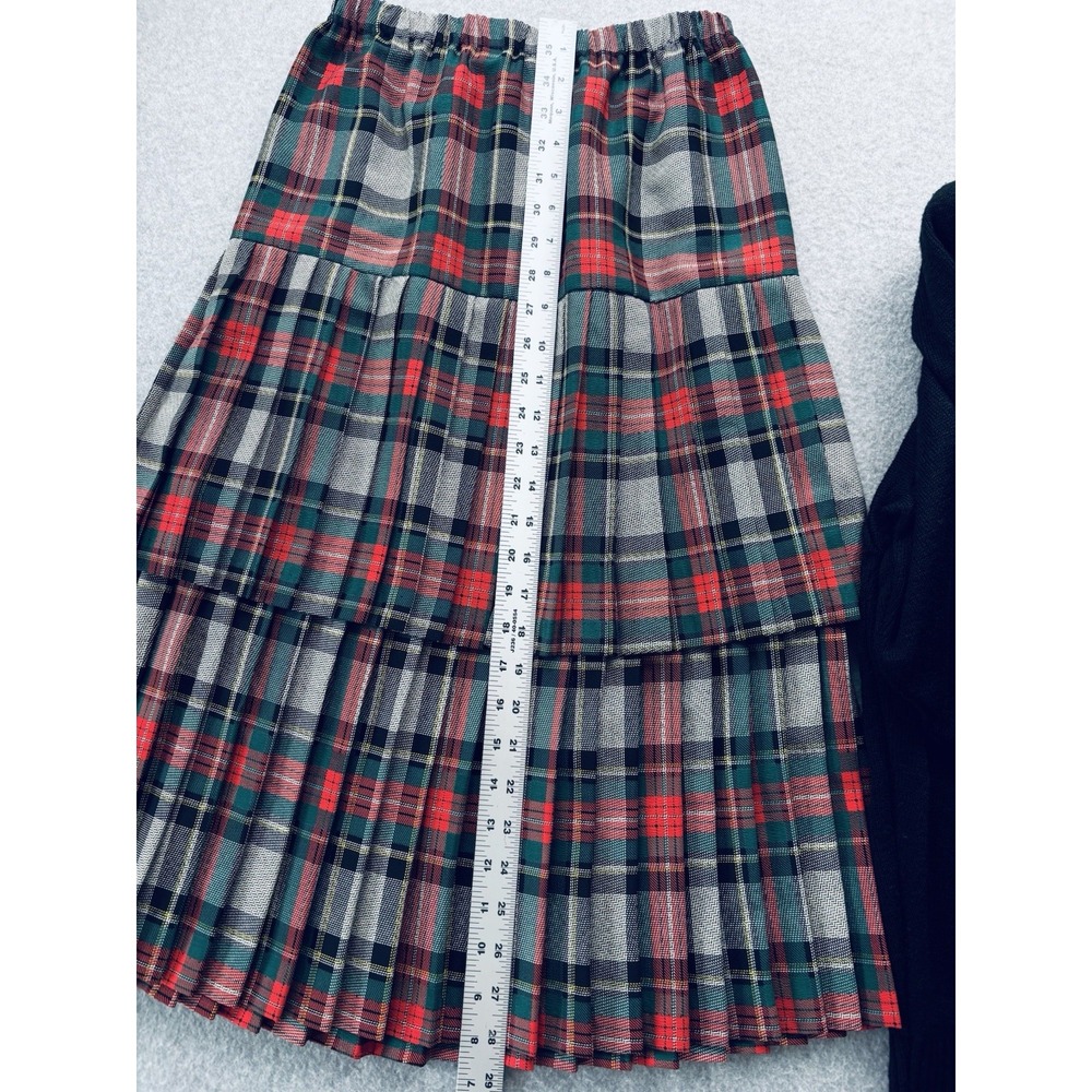 Vintage 80s Tartan Plaid 2pc Skirt Set Black Sweater Pleated Tiered Holiday 7/8 - Picture 11 of 15
